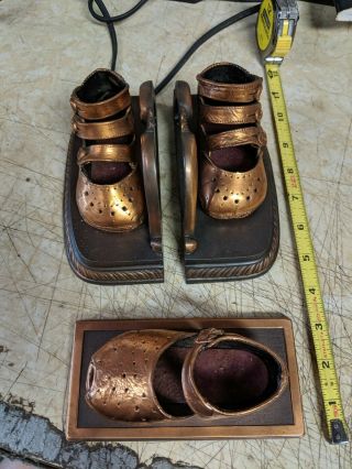 Vintage Bronze / Copper Baby Shoe Booty Bookends And One Bronzed Baby Shoe