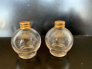 Vintage Clear Glass Round Salt And Pepper Shakers Miniature 2 1/4 " W/ Metal Lids