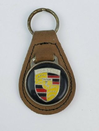 Vintage Porsche Leather Keychain Key Ring Brown Leather
