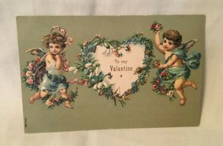 Vintage Embossed Valentines Day Postcard To My Valentine Cherub Angels