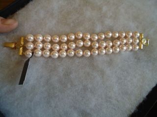 Richelieu Vtg/nos Gold Tone Shell 3 Strand Pink Pearl Chunk Bracelet