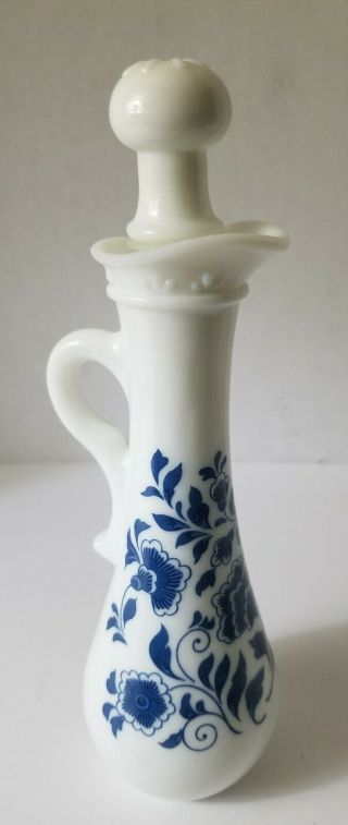 Vintage Small Avon White Milk Glass Bottle Pitcher With Pretty Blue Flowers