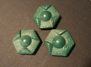 3 Vintage Hexagonal Green Decorative Carved Bakelite Sewing Shank Buttons 1 1/8”