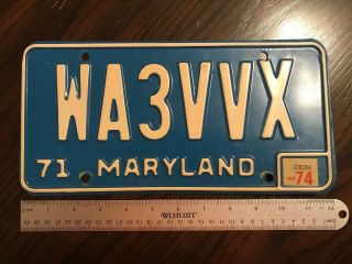 Vintage 1971 Maryland Ham Radio License Plate Tag Wa3vvx 1974 Sticker
