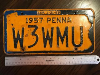 Vintage 1957 Pennsylvania Ham Radio License Plate Tag W3wmu Penna
