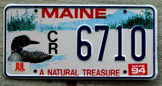 Maine " A Natural Treasure " License Plate With A Red - Eyed Loon - 1994 Sticker