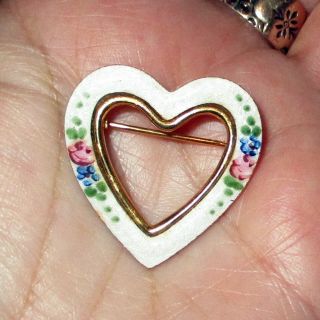 Lovely Vintage Guilloche Enamel Roses Open Heart Pin Brooch