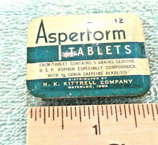 Vintage Slide Lid Metal Tin 12 Asperform Tablets H.  K Kittrell Company 2 Tone.