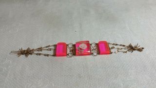 Vintage Goldtone Metal Filigree White Rose In Pink Plastic 7 " Bracelet