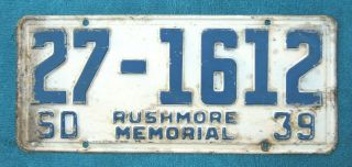 South Dakota 1939 " Rushmore Memorial " License Plate