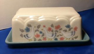 Vintage Ducks Geese Floral Ceramic Butter Dish Made In Japan