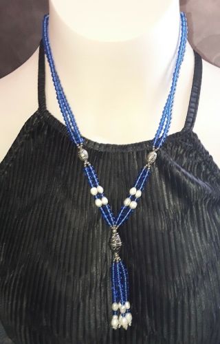 Vtg Art Deco Blue Czech Glass Bead Pearl Sautoir Necklace Tassel Flapper Jewelry