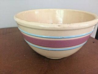 Vintage Watt Pottery Blue And Pink Stripe Mixing Bowl 7 " Ovenware Americana