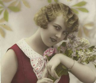 Art Deco Flapper Lady French Vintage Real Tinted Photo Postcard Bunch Of Lilac