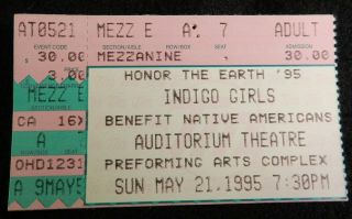 Vtg May 1995 Ticket Stub Indigo Girls Honor Earth Benefit Show Denver Colorado