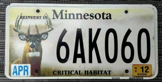 2012 Minnesota License Plate Tag 6ak060 Critical Habitat Deer Buck