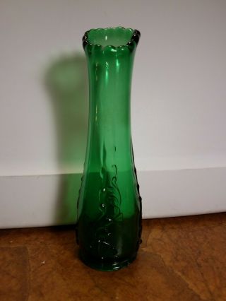 Vintage Tall Green Art Glass Vase W/floral Design