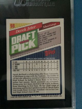 1993 Derek Jeter Topps Gold 98 York Yankees Sgc 9