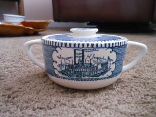 Vtg.  Royal China Currier & Ives China Covered Sugar Bowl,  Steamboat,  Blue White