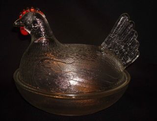 Vintage Indiana Crystal Clear Red Paint Glass Hen On Nest Covered Animal Dish