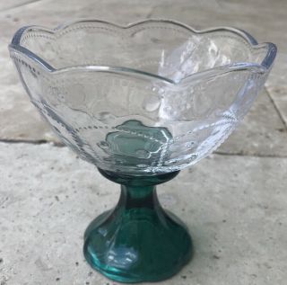 Rare Vintage Glass Pedestal Candy Dish Compote Bowl 5” X 5” Clear Greenish Blue
