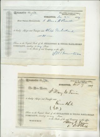 Two 1839 Stock Transfers Of Syracuse & Utica Rail Road Company