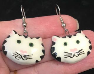 Vintage Ceramic Black White Cat Head Earrings