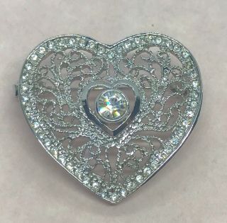 Vintage Silver Tone Filigree Marcasite & Rhinestone Heart Pin Brooch 1 1/4”