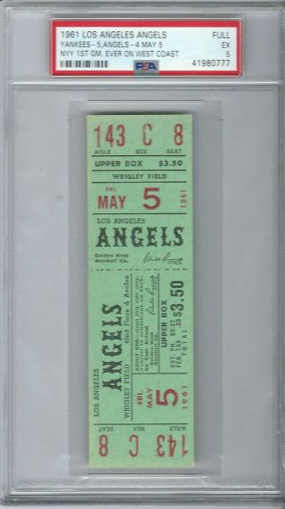 1961 Yankees Mantle Maris Full Ticket 5/5 - Angels 1st West Coast Game Ever Psa 5