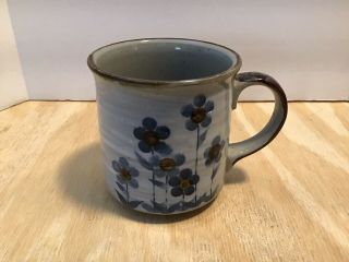 Vintage Speckled Stoneware Mug Cup Blue Floral Wild Flower With Brown