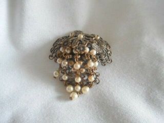 Vintage Artisan Handmade Lacy/filigree Metal Faux Chain Pearl Brooch