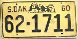 South Dakota Vintage License Plate 62 - 1711 From 1960 Mt.  Rushmore Beige Black