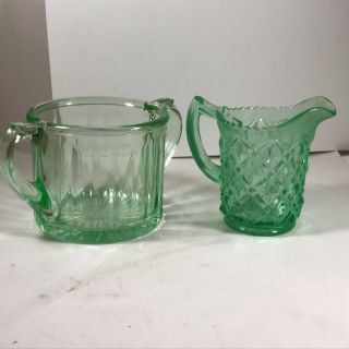 Vintage Green Depression Glass Sugar And Creamer Non - Matching