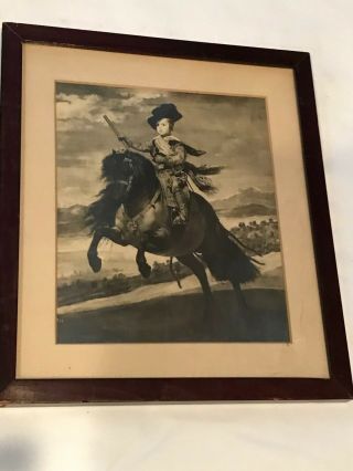 Rare Vintage B/w Print,  Young Boy On Horse,  Red Frame In Glass 8 1/2 " X 9 3/4 "