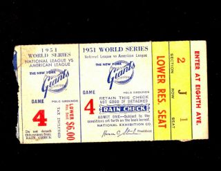 1951 World Series Ticket Stub York Yankees @ York Giants Game 4