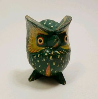 Vintage Wooden Owl Bird Figurine Hand Painted Carved