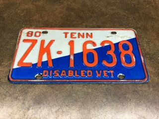 1980 Tennessee Tn License Plate Tag Disabled Vet Veteran Zk - 1638