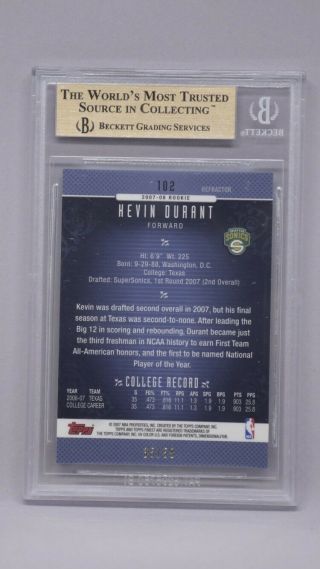 2006 - 07 Topps Finest Gold Refractor 102 Kevin Durant RC 35/50 JERSEY BGS 9.  5 2