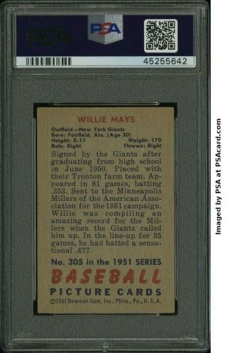 1951 Bowman 305 Willie Mays Rookie PSA 4.  5 (VG - EX, ) 2