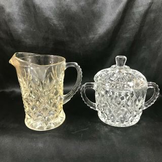 Vintage Clear Glass Diamond Cut Pineapple Creamer Pitcher And Covered Sugar Bowl
