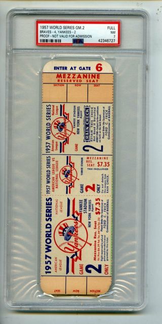 1957 World Series Game 2 Braves V Yankees Full Proof Ticket Psa Nm 7 (evans)