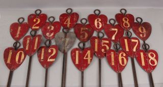 18 Antique Early 20thc Painted Steel & Iron Heart Golf Hole Pin Markers