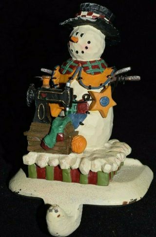 Vintage Stocking Holder Cast Iron & Resin Christmas Snowman With Sewing Machine