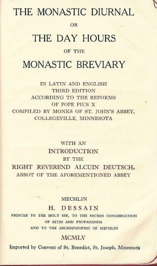 , 1955 Monastic Diurnal - Day Hours Of Breviary Dessain Latin Catholic Liturgy