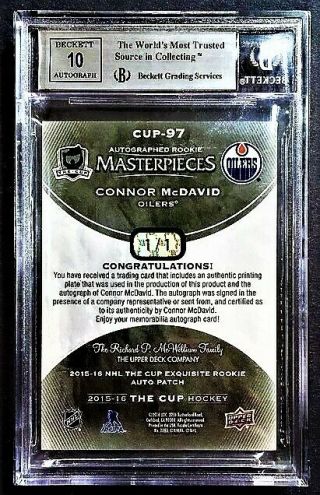 2015 - 16 UD The Cup Connor McDavid Masterpiece EX97 Rookie Auto RC 1/1 BGS 9/10 2