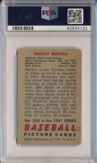 1951 BOWMAN 253 MICKEY MANTLE ROOKIE,  HIGH - PSA 2 (MC) GOOD (SVSC) 2
