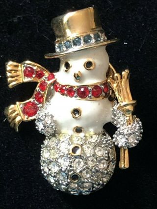 Vintage Christmas Holiday Snowman Gold Tone Enamel Rhinestones Lapel Tac Pin