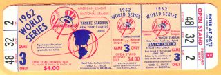 Rare Full Ticket 1962 World Series Game 3 - Yankees/giants