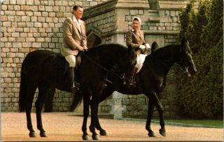 1980s Vintage Postcard President Ronald Reagan Queen Elizabeth Horses -