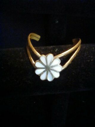 Vintage Brass,  And Mother Of Pearl Flower Cuff Bracelet